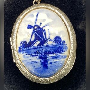 Delft Blue Oval Blue and White Windmill Porcelain Locket